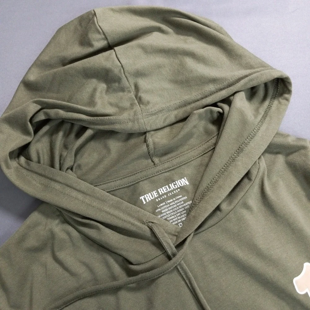 True Religion Mens Olive Green Short Sleeve Hoodie Buddha Graphic Tee Size L NWT